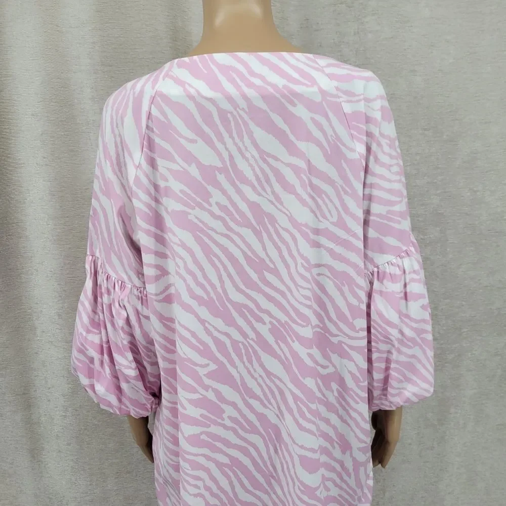 Chico's Dress Pink Zebra Print Ballon Sleeve Midi Dress Poplin Stretch NEW - Picture 8 of 16